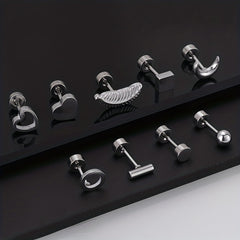 Men's Stainless Steel Stud Earrings Heart Moon Cone Leaf Ear Studs