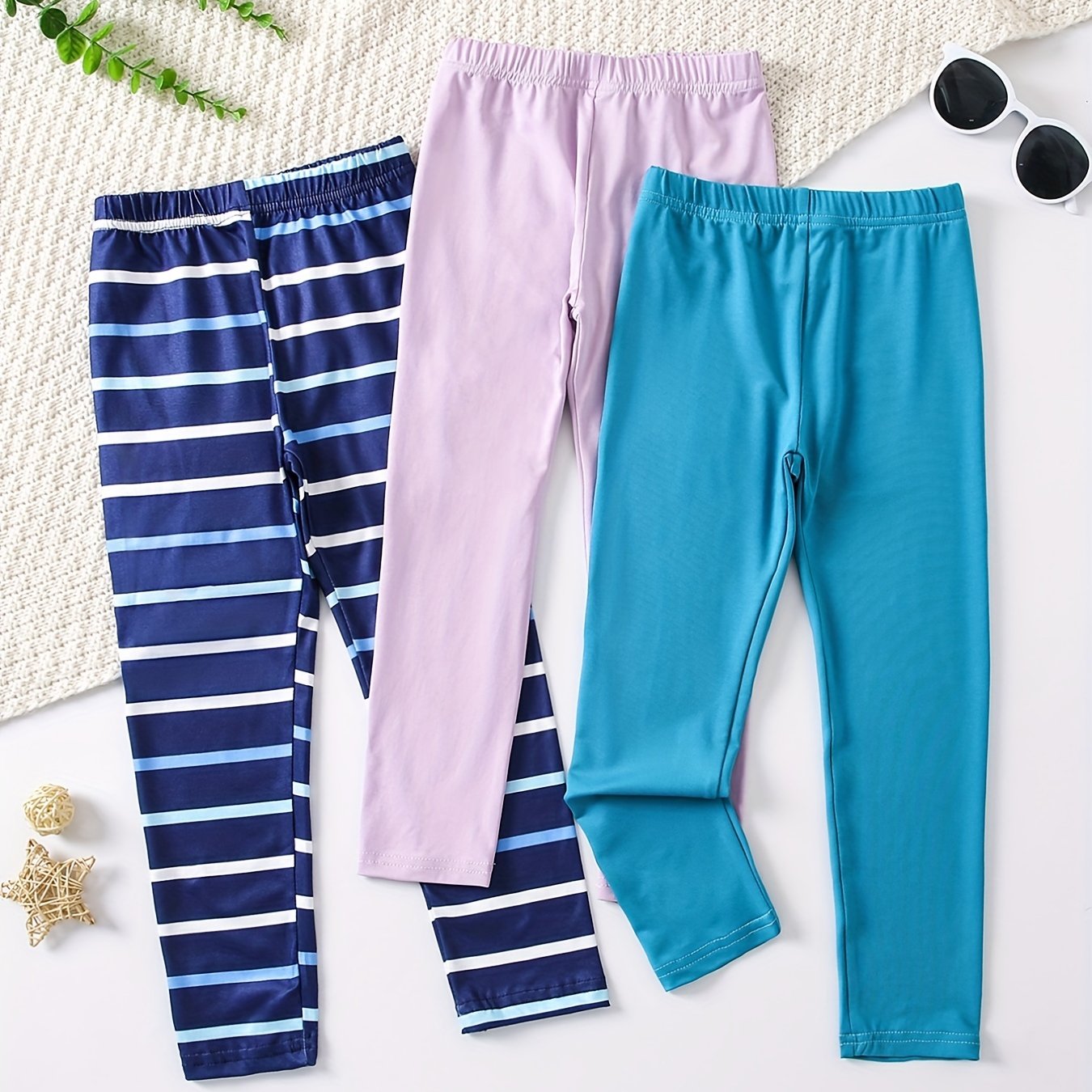 3pcs Girls' Stretch Legging Pants Plain Colors Stripe Print