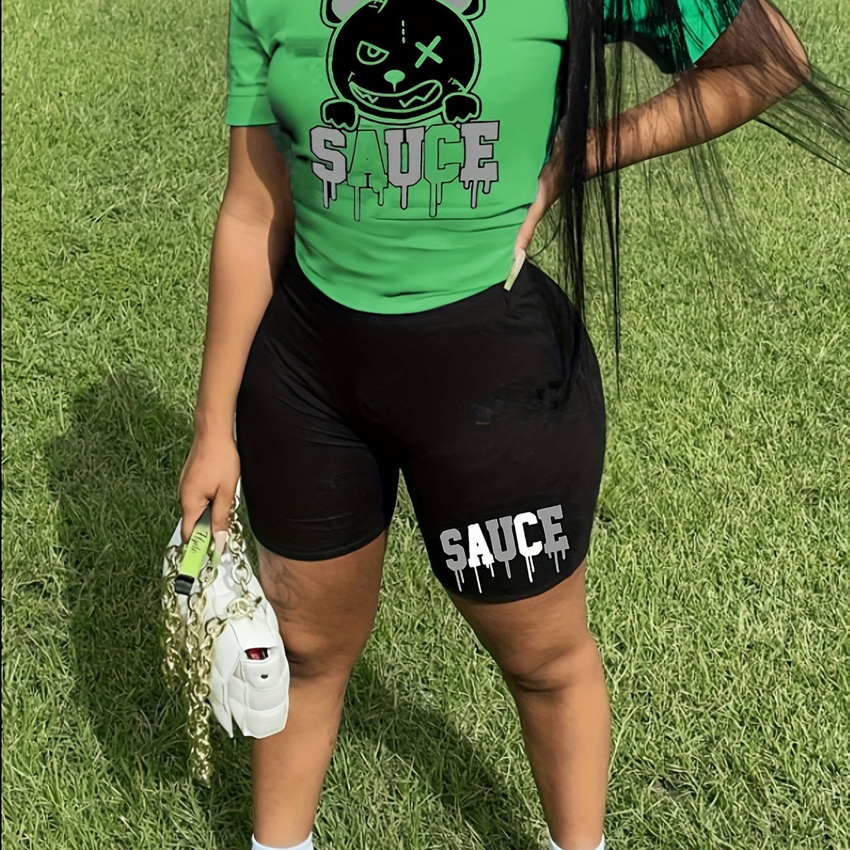  2 Piece Set Women's Letter & Bear Print Crop Top & Shorts