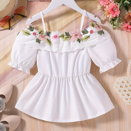 Girls Off Shoulder Flower Embroidery Tunic Shirt