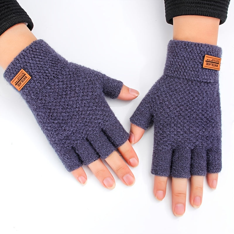 2pcs Men's Knit Thermal Fingerless Gloves Set