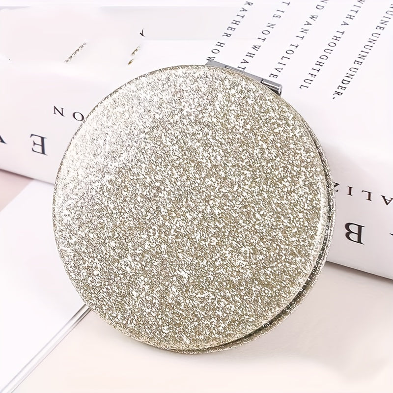 Glitter Leather Compact Mirror Double Side Folding Travel Vanity Mirror