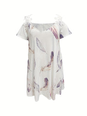  Boho Dress Women's Plus Feather Print Floral Strap Cold Shoulder Dress