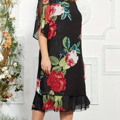 Floral Print Mesh Midi Dress with Ruffle Trim