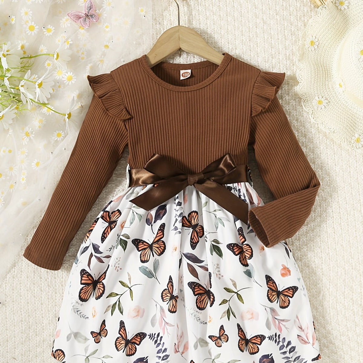 Girls Butterfly Print Ribbed Long Sleeve Dress