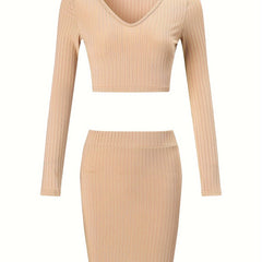 Women's Lounge Set Long Sleeve V Neck Top & Skirts Loungewear