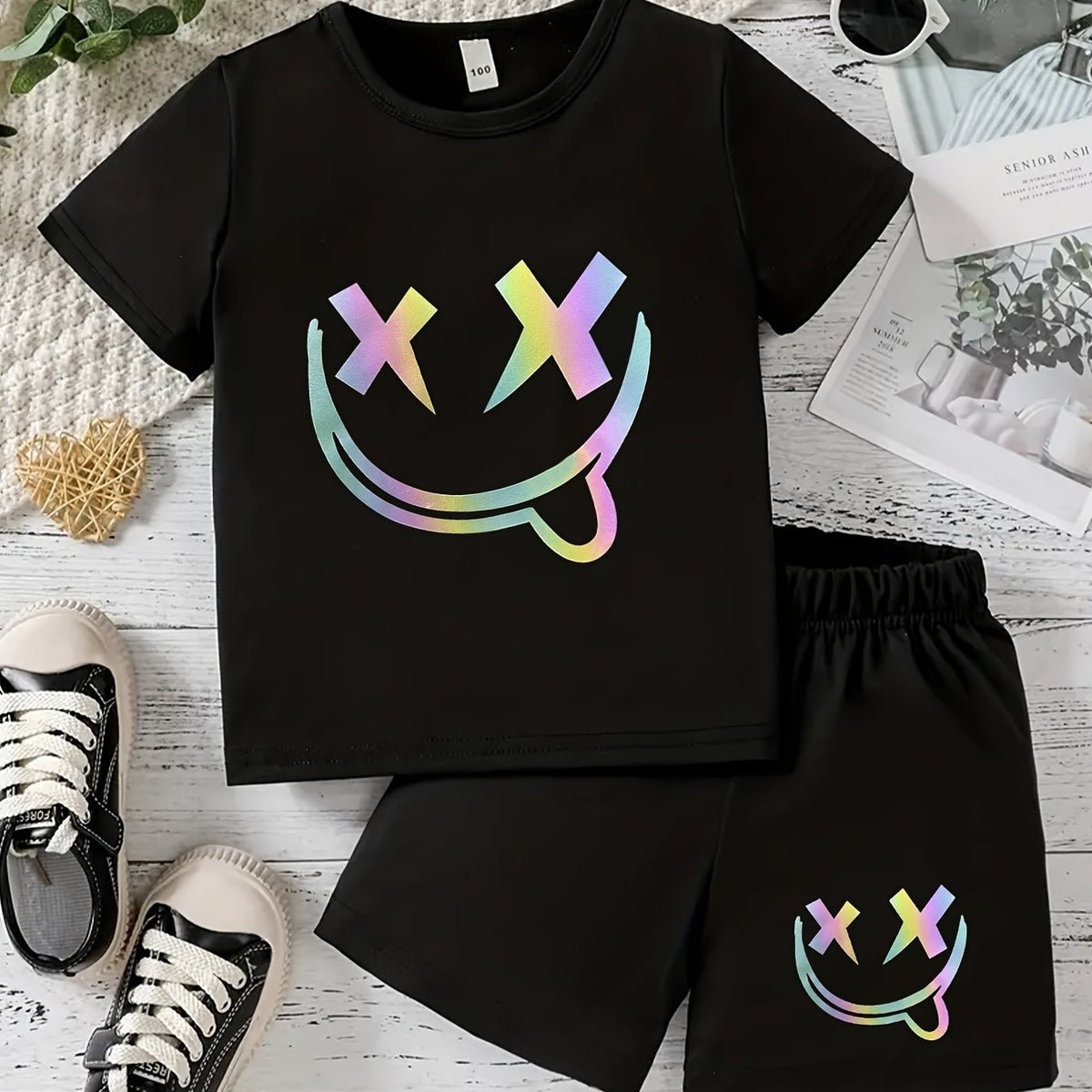 Boys Fun Smile Graphic Print Short Sleeve T-shirt & Shorts Set