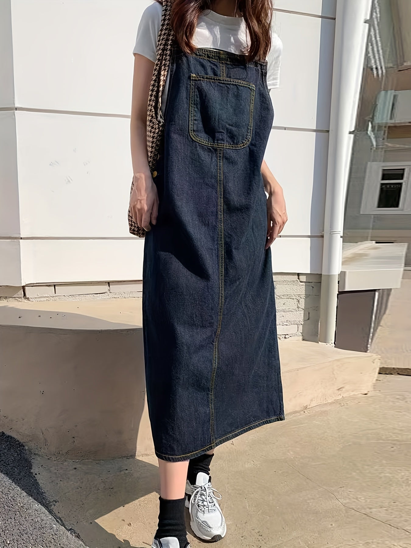 Denim Overall Dress with Patch Pockets