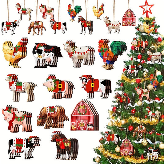 24pc Wooden Farm Animal Christmas Ornaments Cow Pig Rustic Decor Xmas Trees