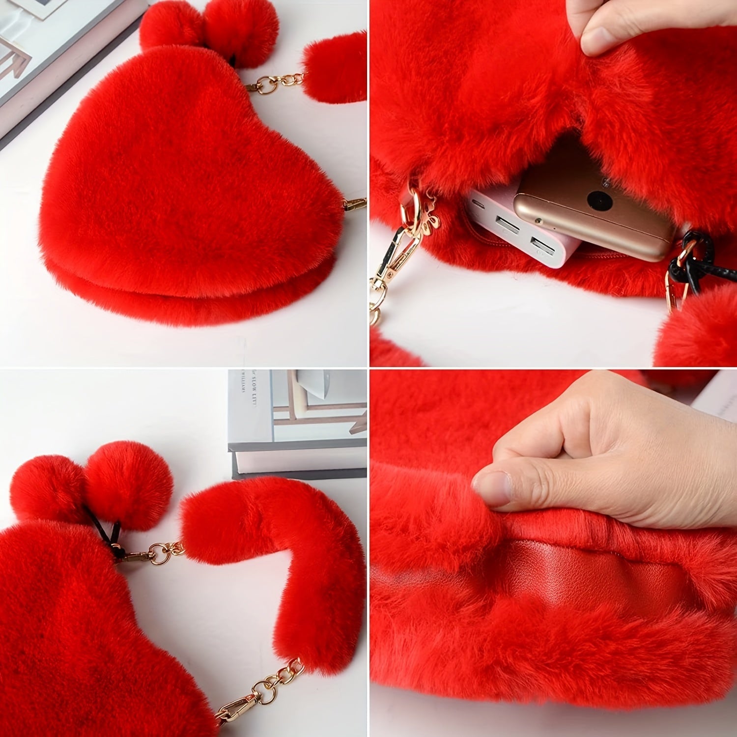 Heart Shaped Plush Handbag Chain Crossbody Bag Red