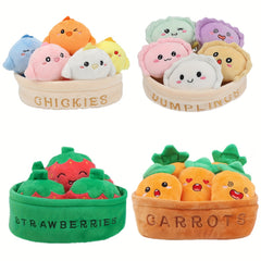 Plush Toy Set Chicken Dumpling Strawberries Carrots Designs in Basket 6pcs