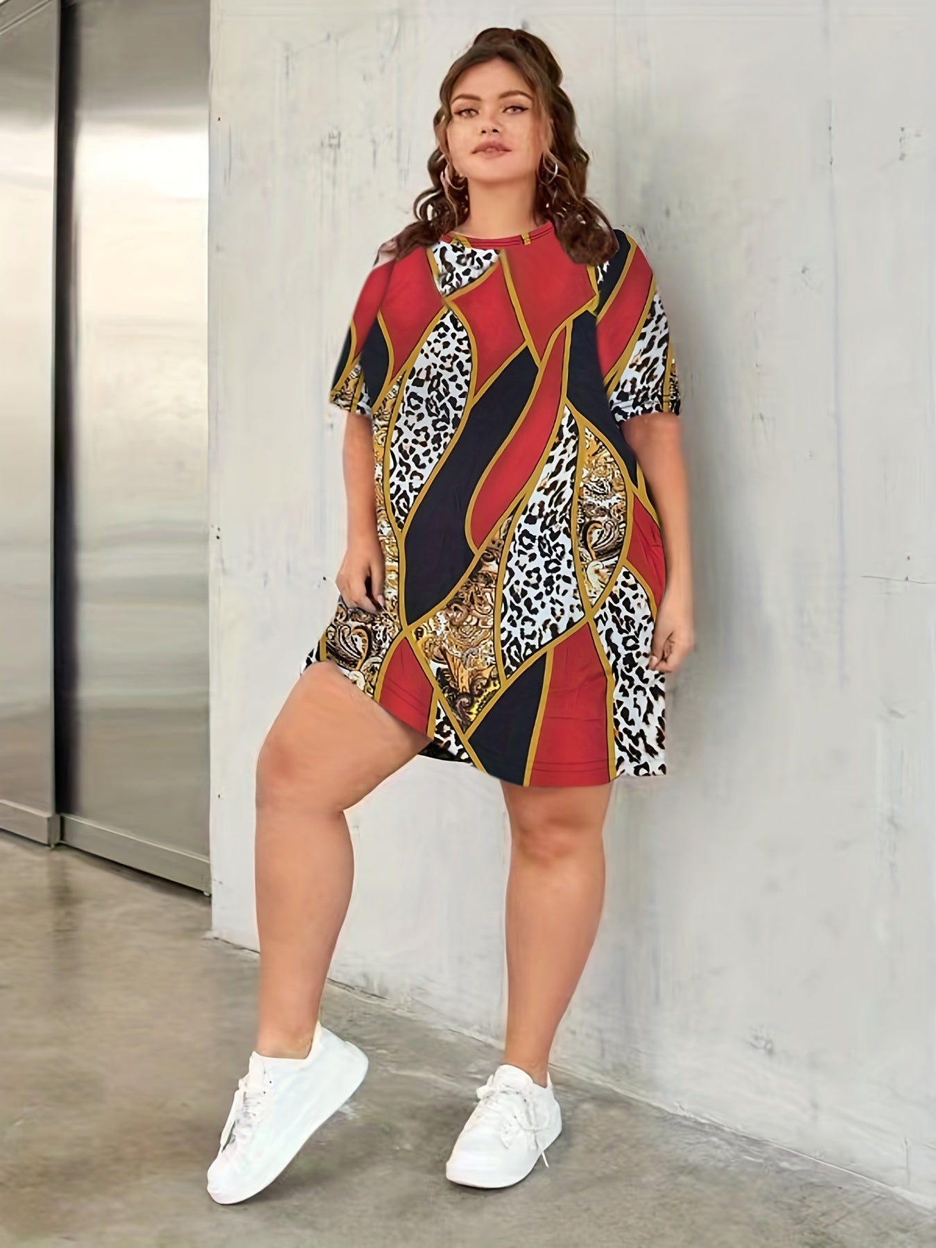  Colorblock Paisley Print Round Neck Dress