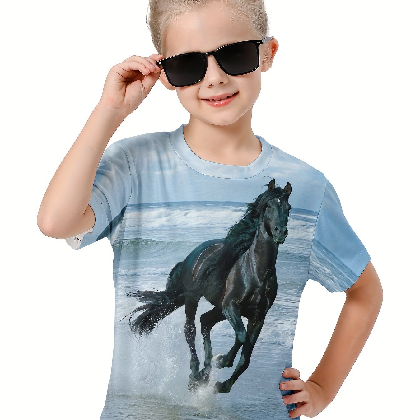 3D Horse On The Beach Graphic Short Sleeve T shirt Boys Girls Summer Pullover