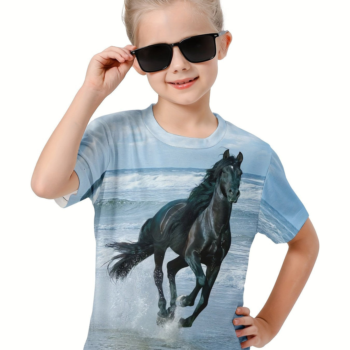 3D Horse On The Beach Graphic Short Sleeve T shirt Boys Girls Summer Pullover