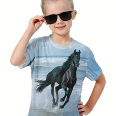 3D Horse On The Beach Graphic Short Sleeve T shirt Boys Girls Summer Pullover