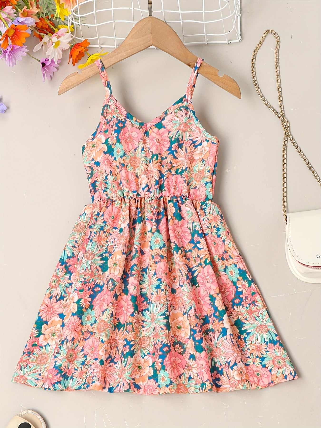Girls Sundress Floral Pattern V Neck Elastic Waist Camisole Dress