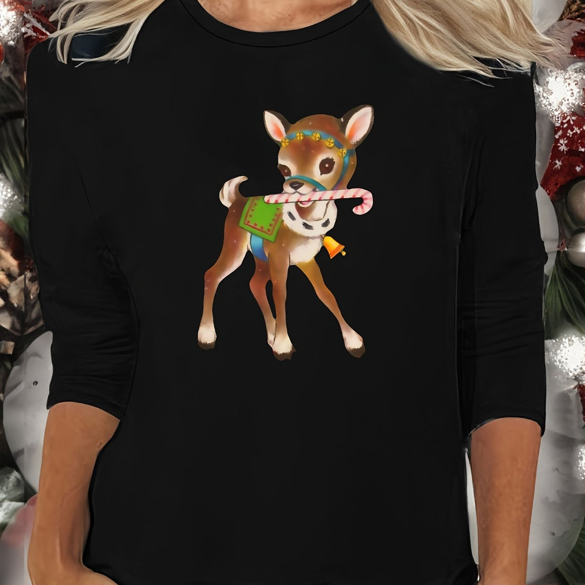 Christmas Deer Print Lounge Tops Long Sleeve Crew Neck Top