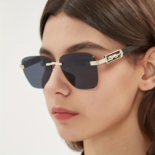 Rimless Square Sunglasses Leopard Decor UV400