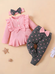 Cute Baby Girl 3-Piece Outfit Set Ruffle Top Leggings Bow Headband