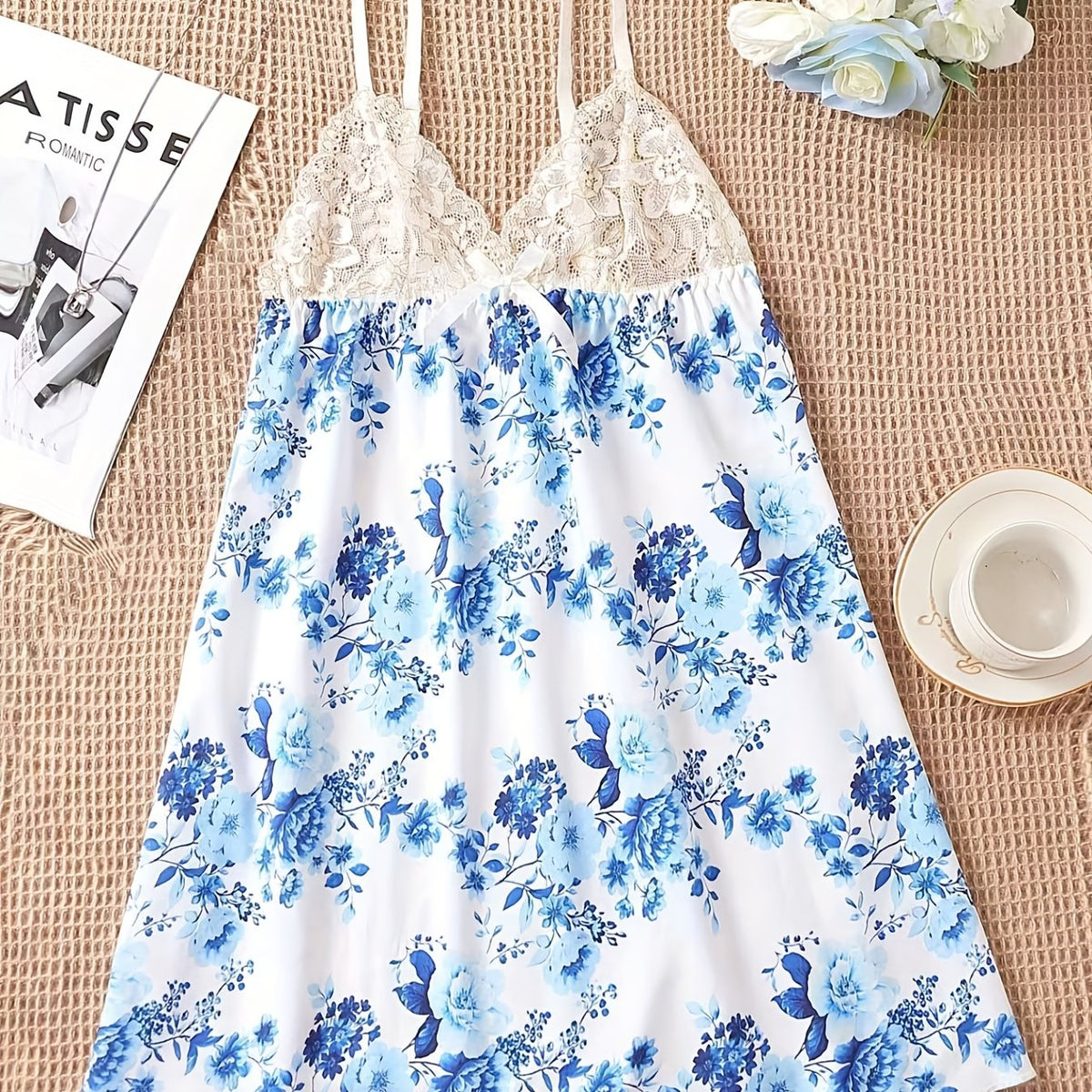 Floral Print Slip Nightdress with Lace Detail