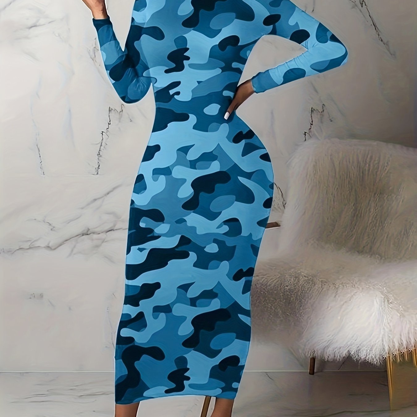  Printed Long Sleeve Maxi Dress