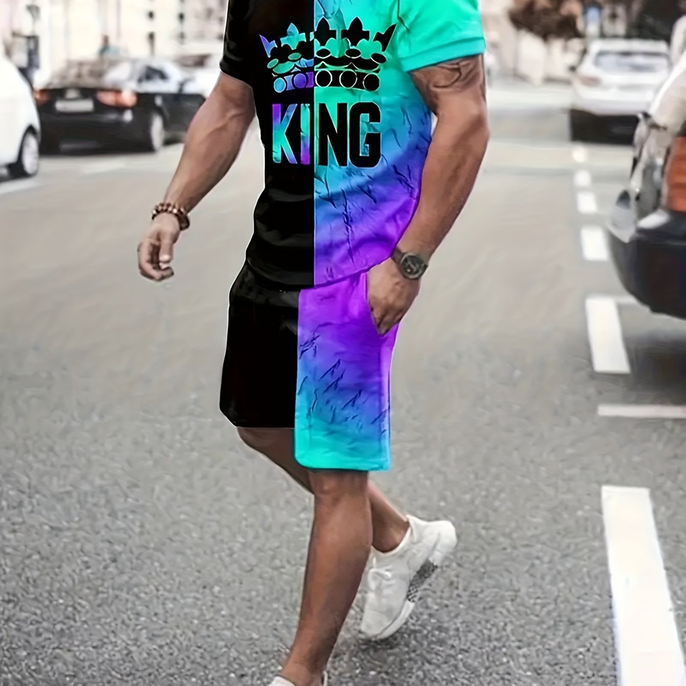 2pcs Men's Block & King Print T-shirt & Stretch Shorts for Outdoor