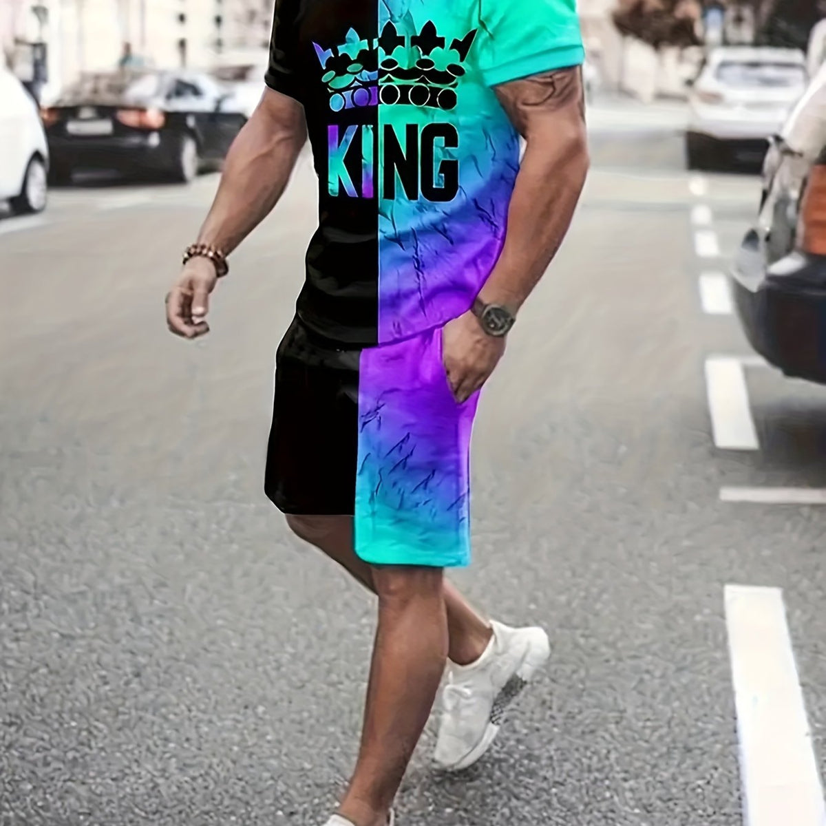 2pcs Men's Block & King Print T-shirt & Stretch Shorts for Outdoor