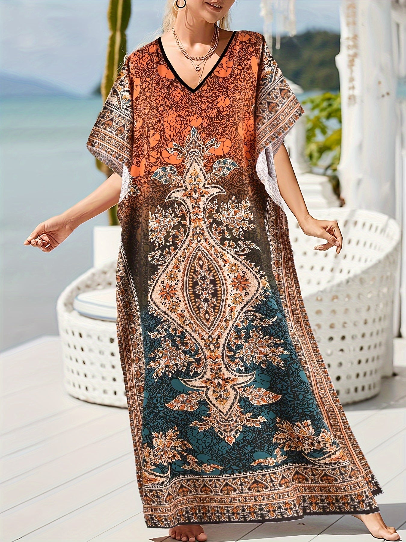  Boho Kaftan Dress Women's Plus Colorblock Floral Print Maxi