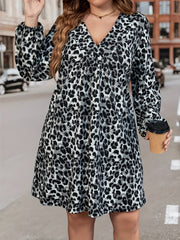  Leopard Print Long Sleeve V Neck Smock Dress