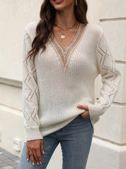 Colorblock Lace Panel V Neck Pullover Sweater