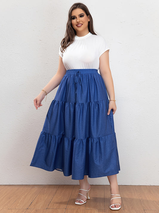  Women's Denim Print Drawstring Smock Skirt
