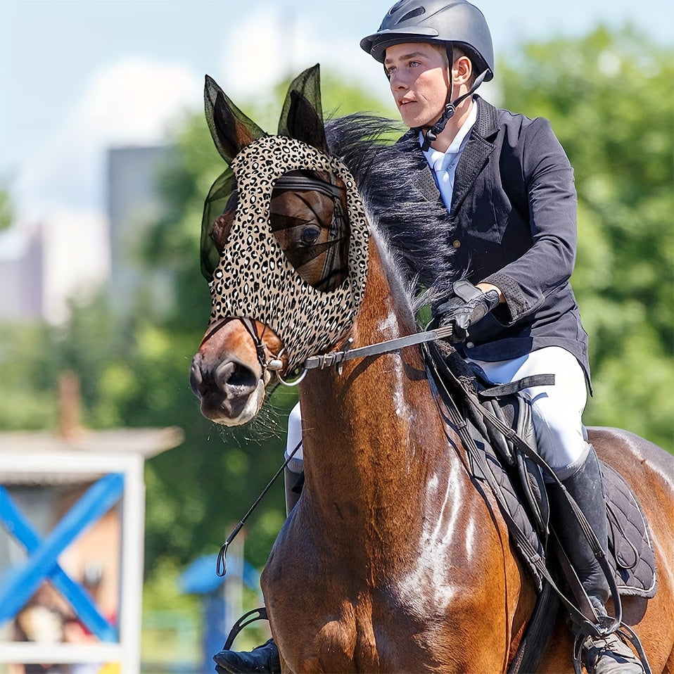Comfortable Horse Fly Mask with Ears Elasticity Leopard Print Large