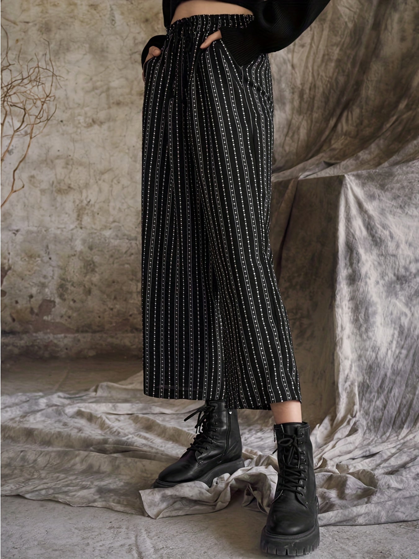  Women's Stripe & Dot Print Wide Leg Trousers