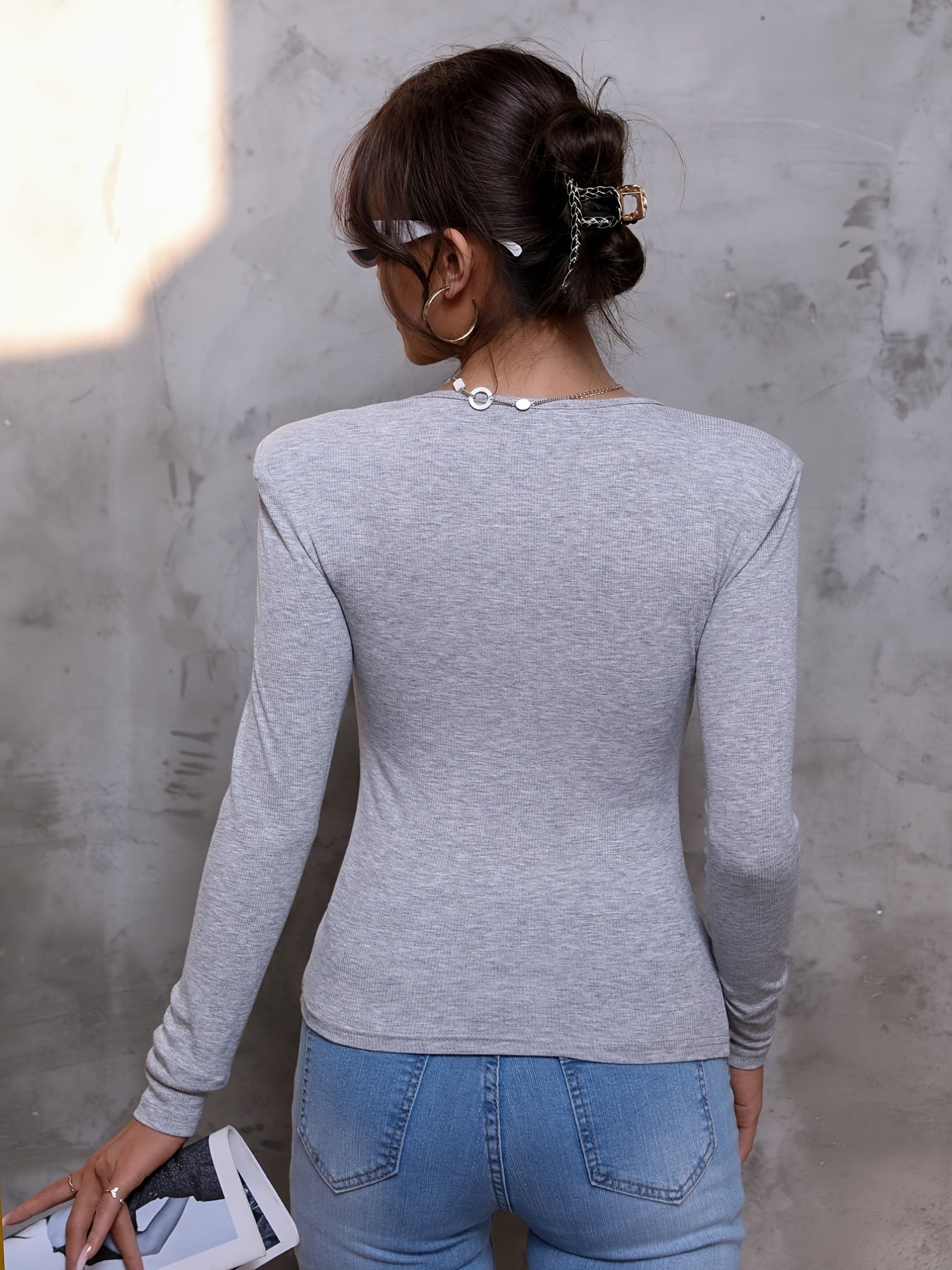 Off Shoulder Long Sleeve Crew Neck Slim Top