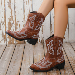 Embroidered Chunky Heel Western Cowboy Boots