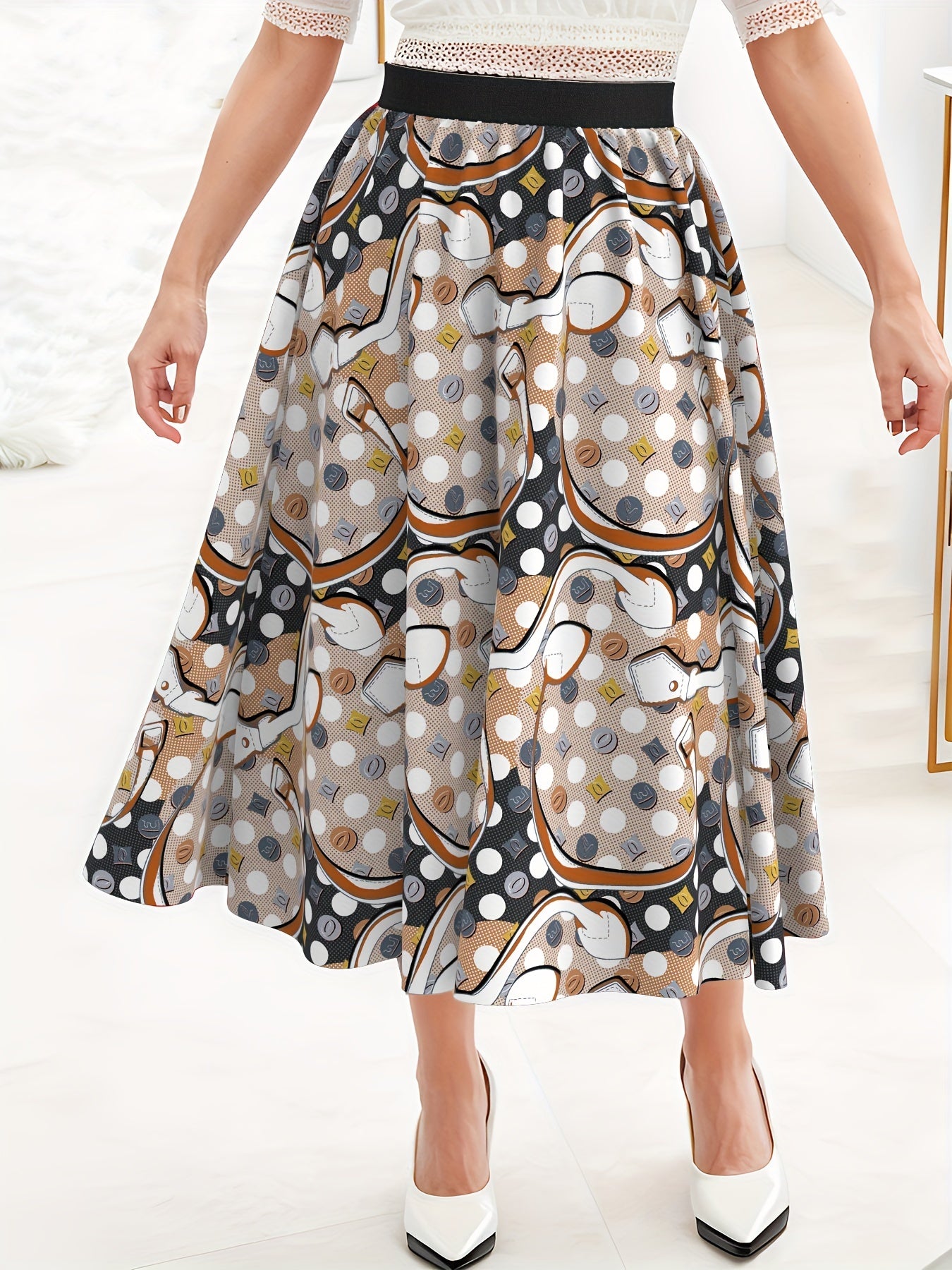  Polka Dot Print High Waist Skirt with Belt