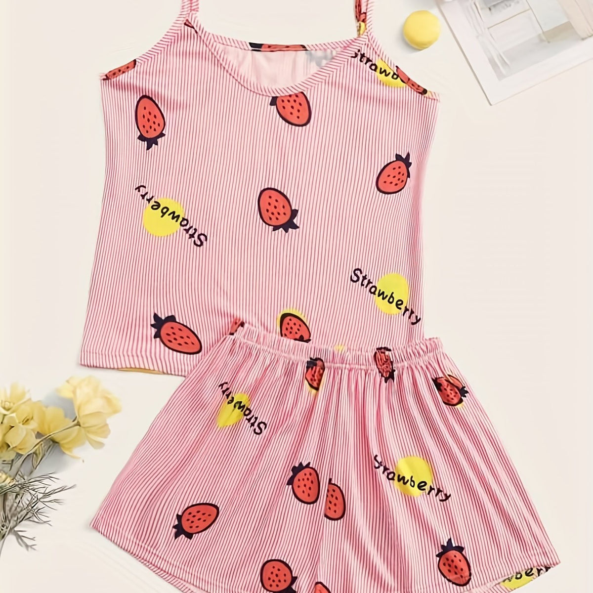  Strawberry & Stripe Print Pajama Set