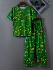 Boys Dino Print Pajama Set Short Sleeve Round Neck Elastic Waist Pants