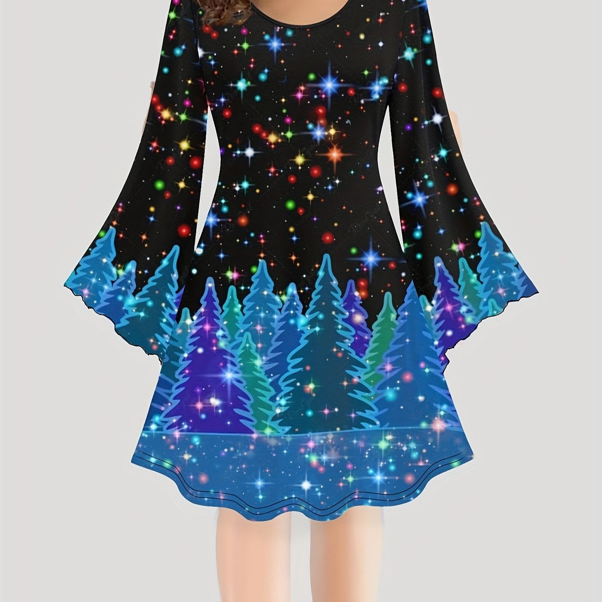  Christmas Casual Dress Women's Plus Tree Print Long Sleeve Dress