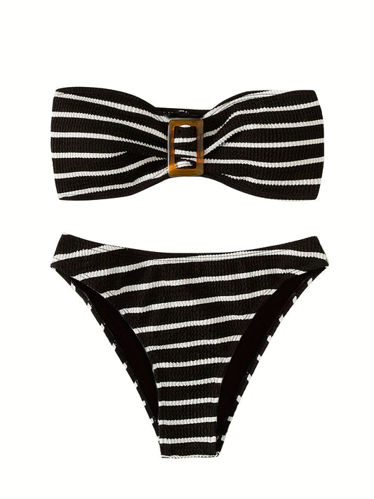 Striped Bandeau Bikini High Cut Swimsuit Set