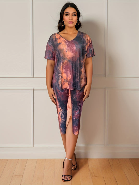 Plus Size Tie Dye Short Sleeve Tee & Pants Set Women's 2 Piece