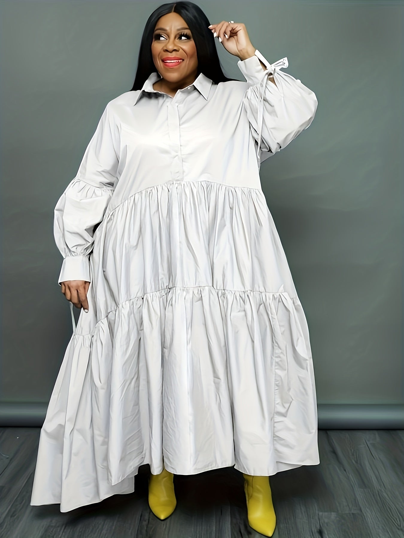  Tie Lantern Sleeve Ruffle Smock Dress