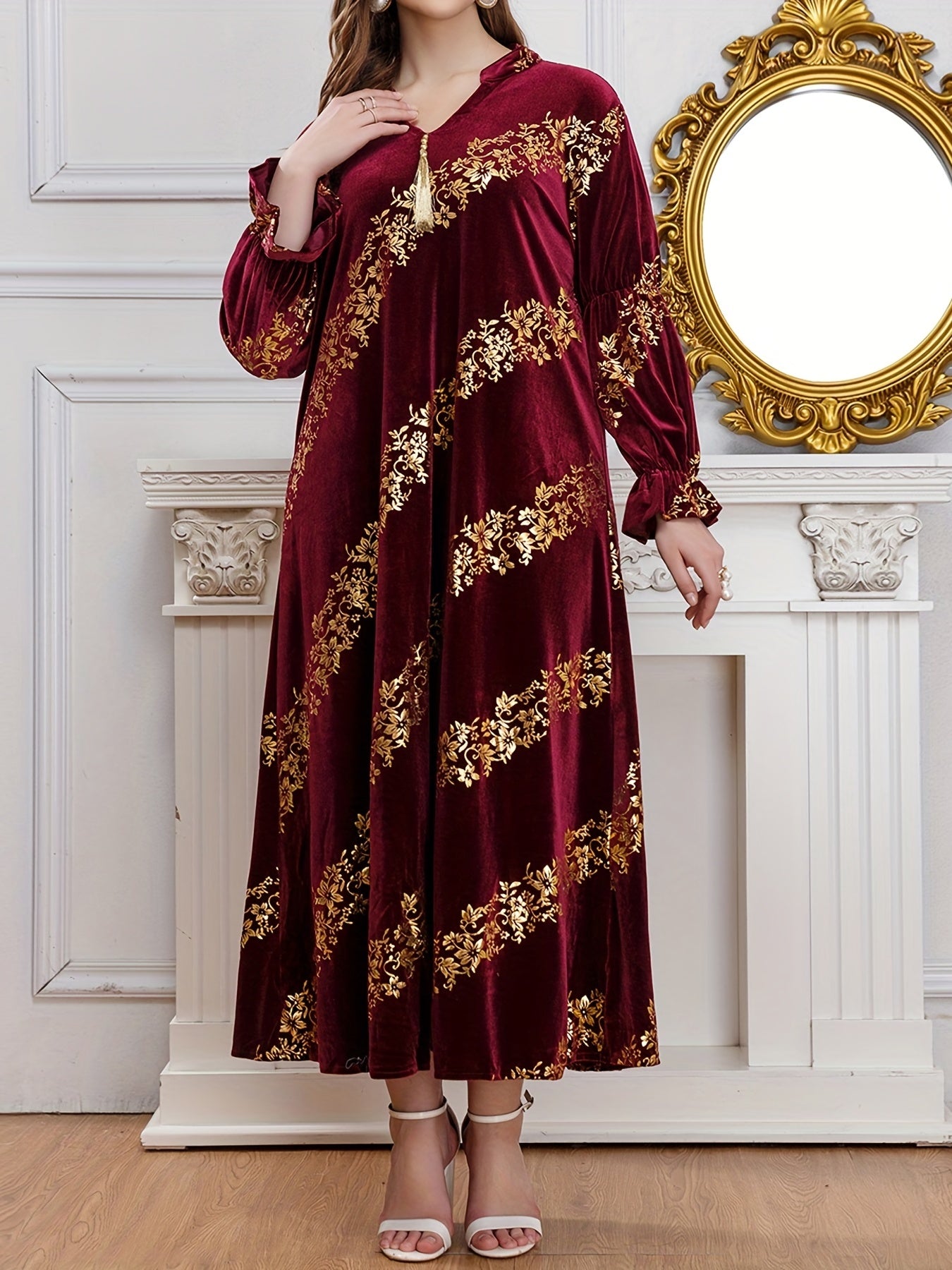  Golden Floral Print Flounce Sleeve Abaya Dress