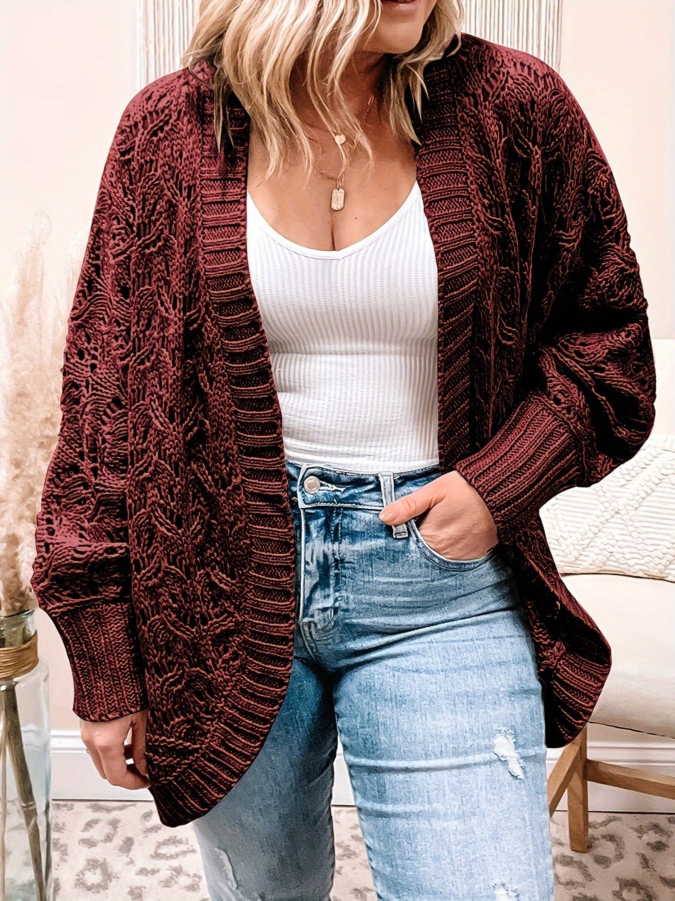  Casual Sweater Women's Plus Solid Jacquard Pointelle Long Sleeve