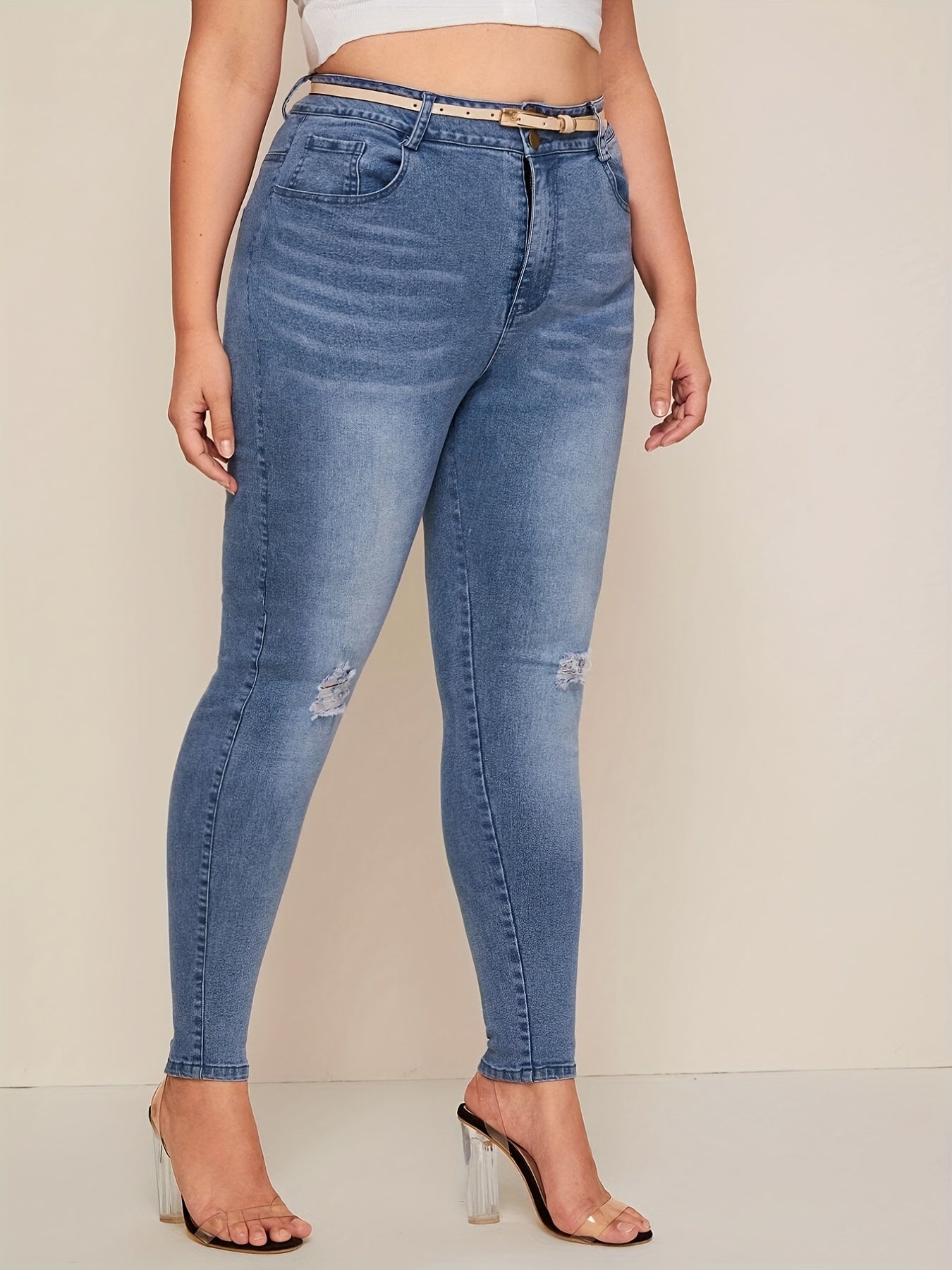  Washed Ripped Button Fly Skinny Denim Trousers