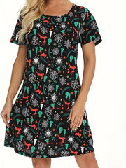  Christmas Nightdress Women's Plus Allover Print Short Sleeve Tee