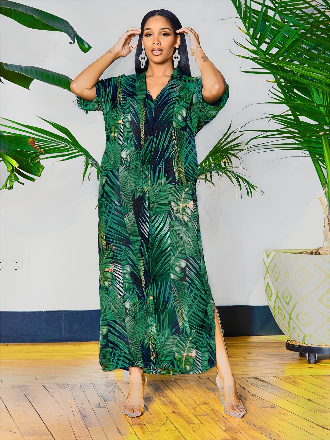  Tropical Print Polo Neck Button-Up Dress