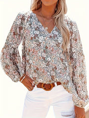  Boho Blouse Floral Print Lantern Sleeve V Neck Stretch Top