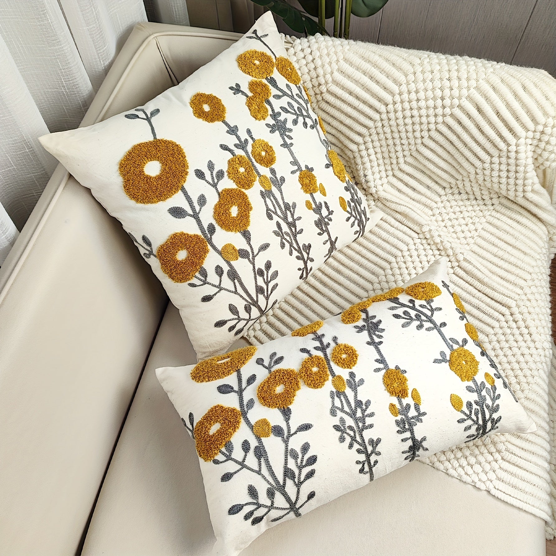 Boho Floral Tufted Throw Pillow Cover Embroidered Cotton Cushion for Couch Bed