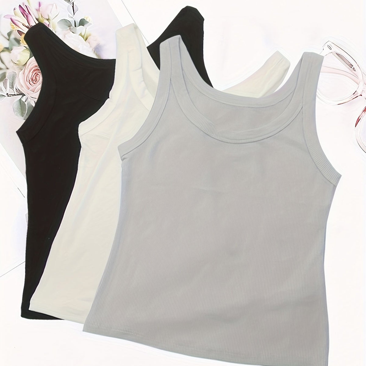 3pcs Ribbed Tank Tops Crew Neck All match Women's Lingerie